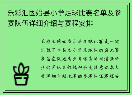 乐彩汇固始县小学足球比赛名单及参赛队伍详细介绍与赛程安排