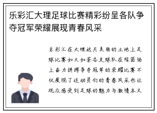 乐彩汇大理足球比赛精彩纷呈各队争夺冠军荣耀展现青春风采