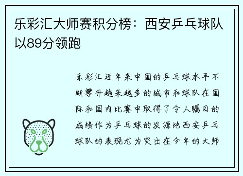 乐彩汇大师赛积分榜：西安乒乓球队以89分领跑