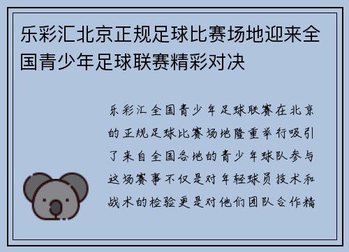 乐彩汇北京正规足球比赛场地迎来全国青少年足球联赛精彩对决