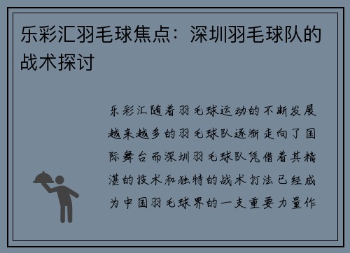 乐彩汇羽毛球焦点：深圳羽毛球队的战术探讨