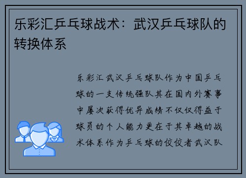 乐彩汇乒乓球战术：武汉乒乓球队的转换体系