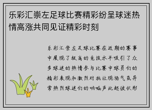 乐彩汇崇左足球比赛精彩纷呈球迷热情高涨共同见证精彩时刻